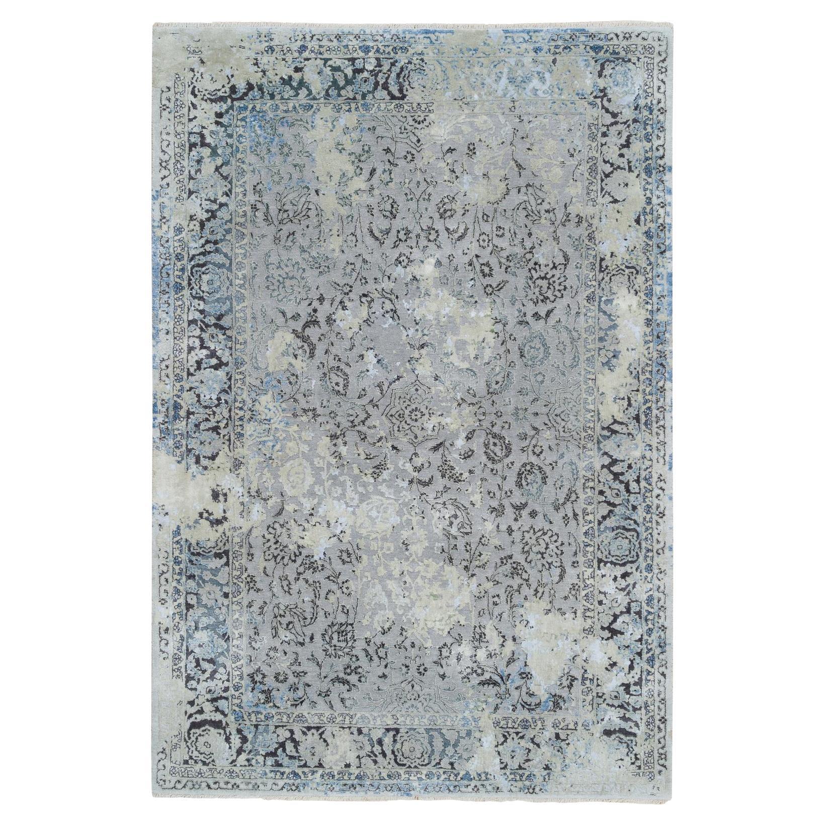 6
x9
 Hellgrau, Reine Seide mit Wolle, handgeknüpft, Broken Kashan Design-Teppich