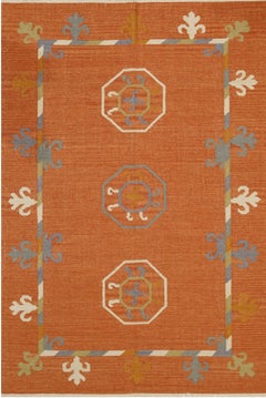 6x9 Maya Kilim Coral Traditional Geometric Medallion Flatweave Wool Carpet Rug