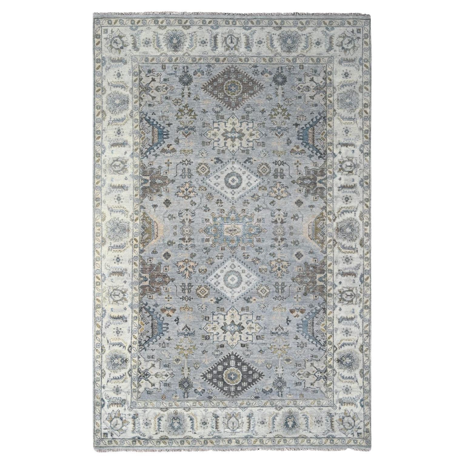 6'x9' Misty Gray Pure Wool Hand Knotted Karajeh Design Densely Woven Rug