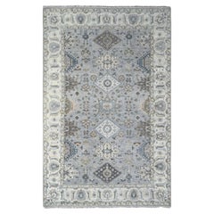 6'x9' Misty Grauer handgeknüpfter, dicht gewebter Teppich aus reiner Wolle mit Karajeh-Design