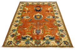 6x9 Alfombra de lana anudada a mano de estilo Serapi, óxido naranja y marfil