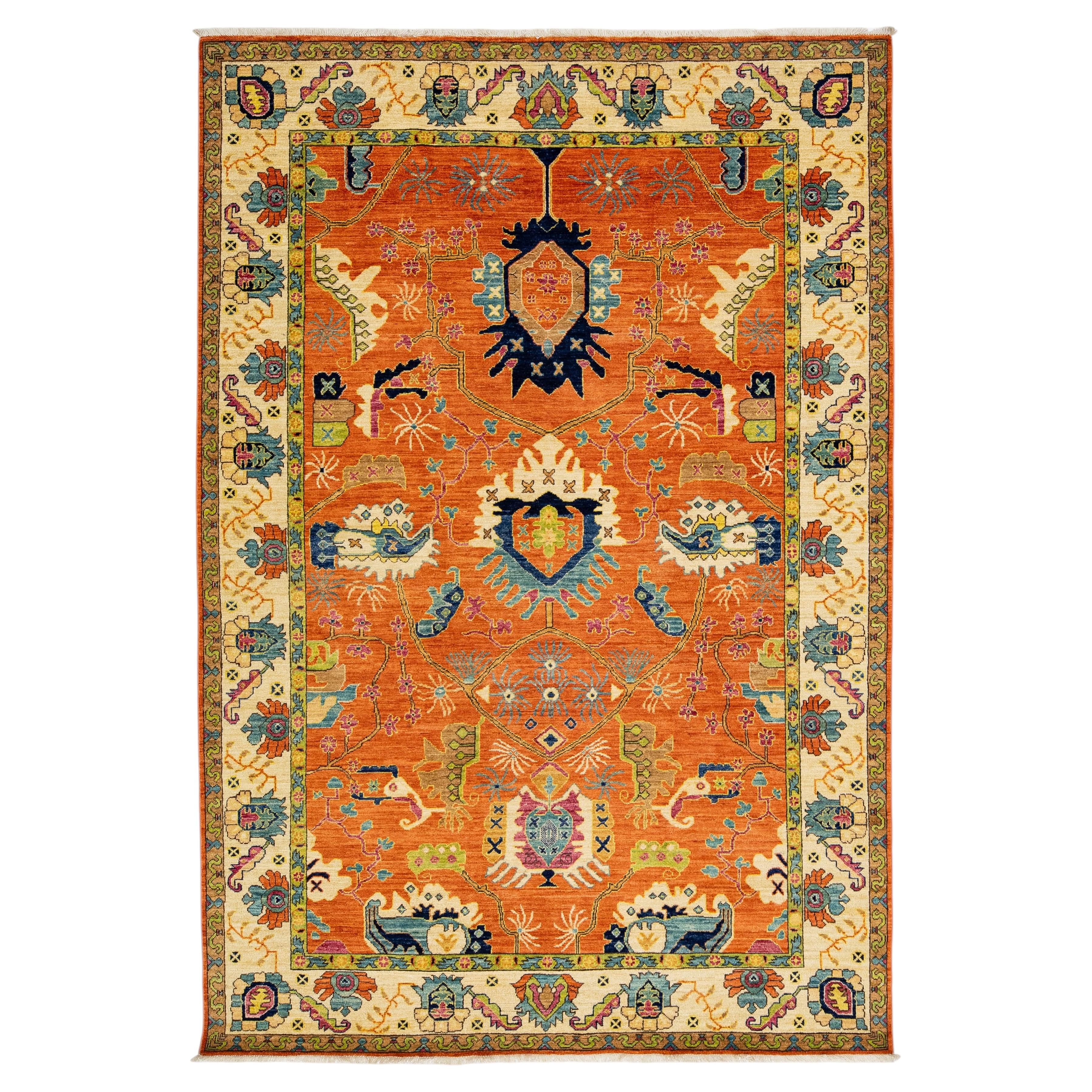 6x9 Modern Serapi Style Hand-Knotted Rust Orange & Ivory Wool Area Rug For Sale