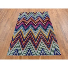 6'x9' Pink, Hand Knotted, Colorful Chevron Design, Sari Silk with Wool Rug