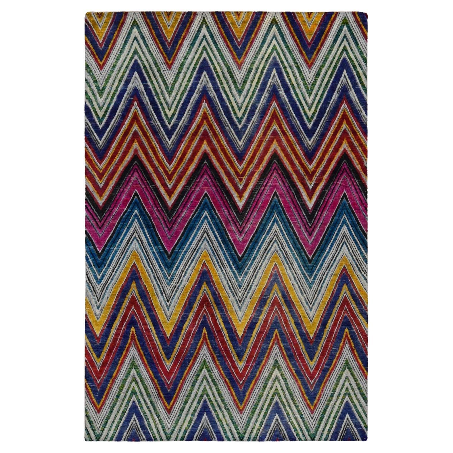 6'x9' Pink, Hand Knotted, Colorful Chevron Design, Sari Silk with Wool Rug