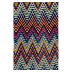 6'x9' Pink, Hand Knotted, Colorful Chevron Design, Sari Silk with Wool Rug