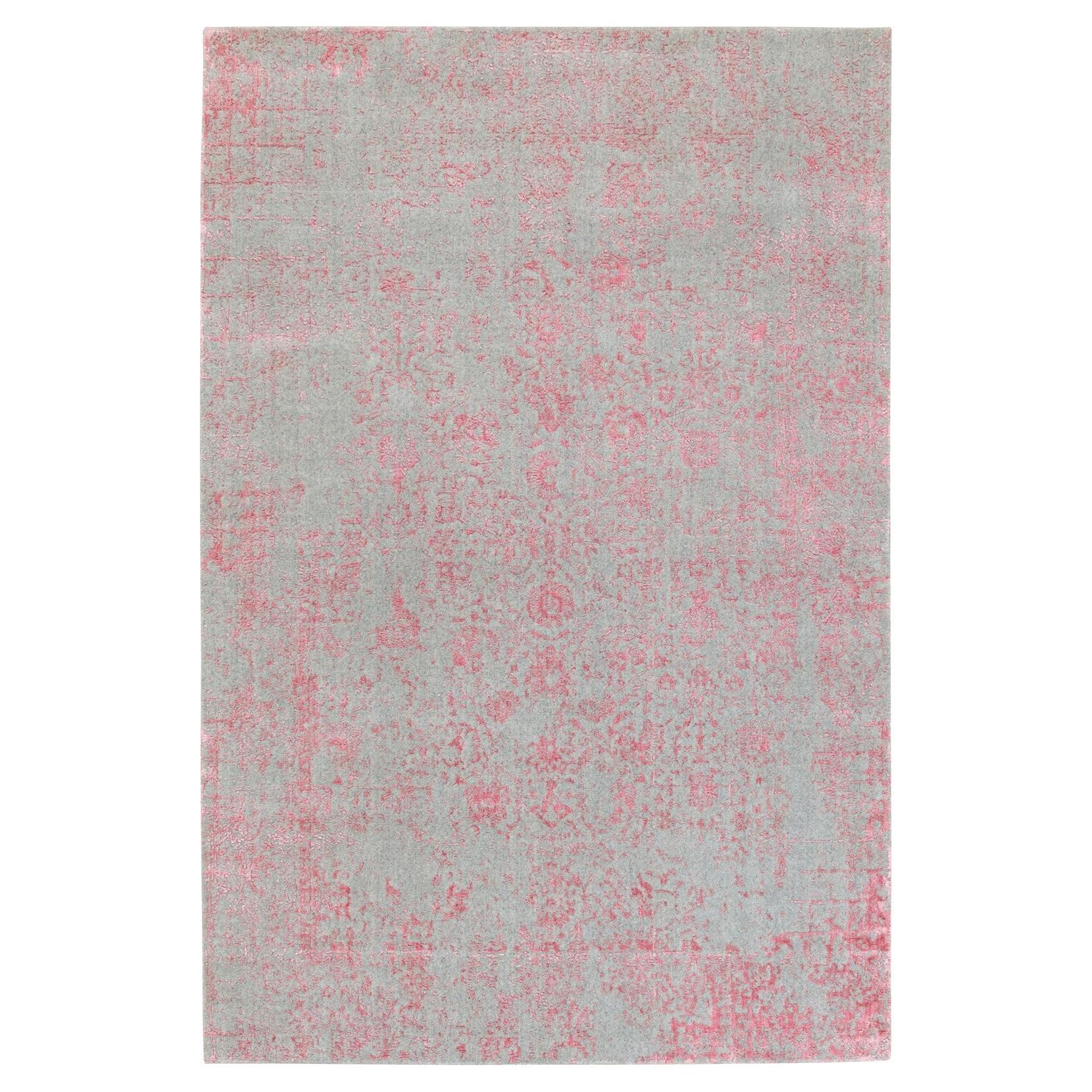 Tappeto rosa 6'x9' lavorato a mano in lana jacquard e seta artistica con design all over