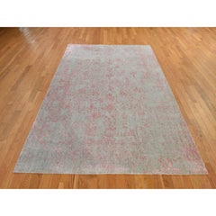 6'x9' Pink Transitional Design Wool and Art Silk Hand Loomed Oriental Rug