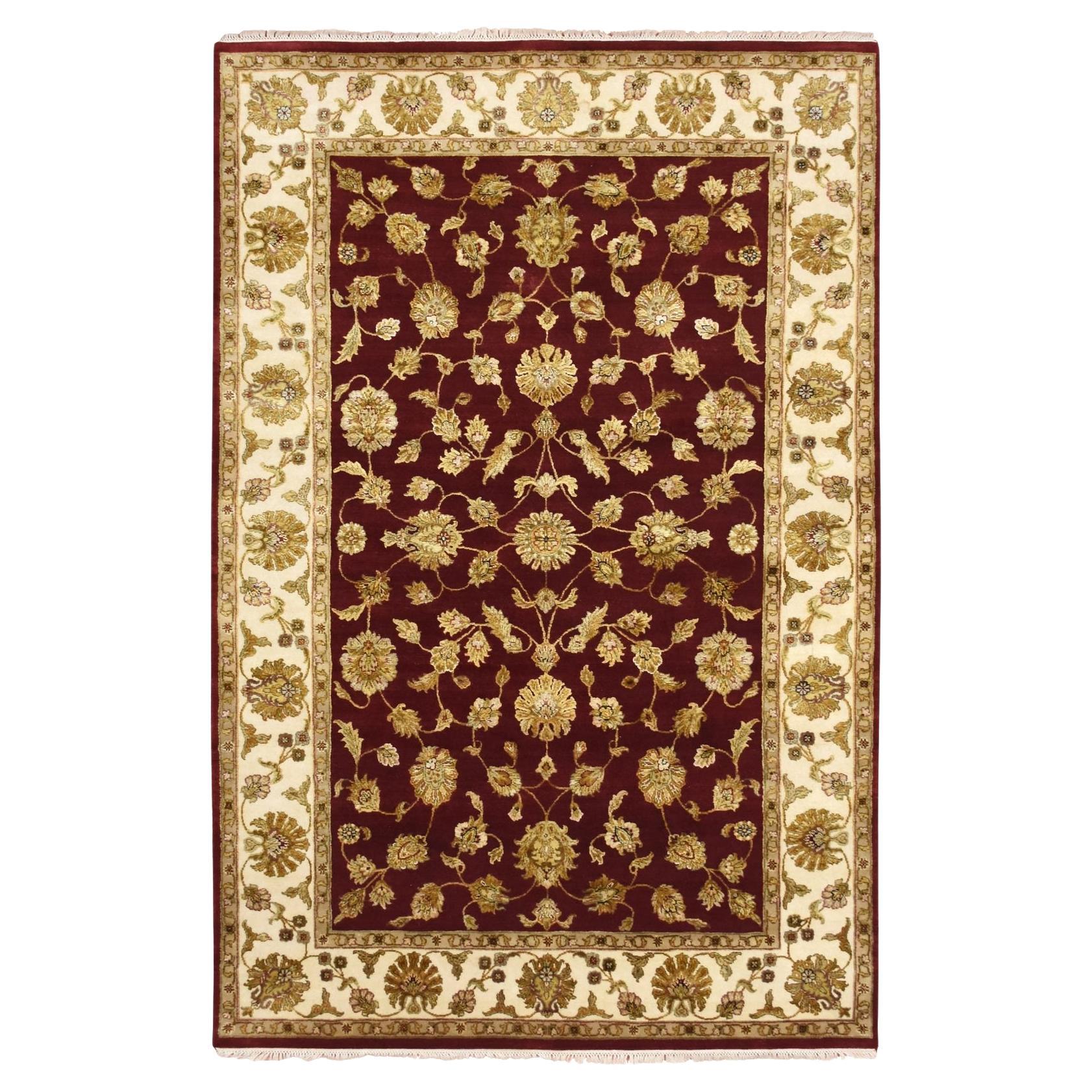 Tappeto orientale in lana e seta annodato a mano 6'x9' rosso del Rajasthan con disegno di foglie