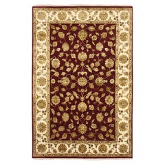 Tappeto orientale in lana e seta annodato a mano 6'x9' rosso del Rajasthan con disegno di foglie