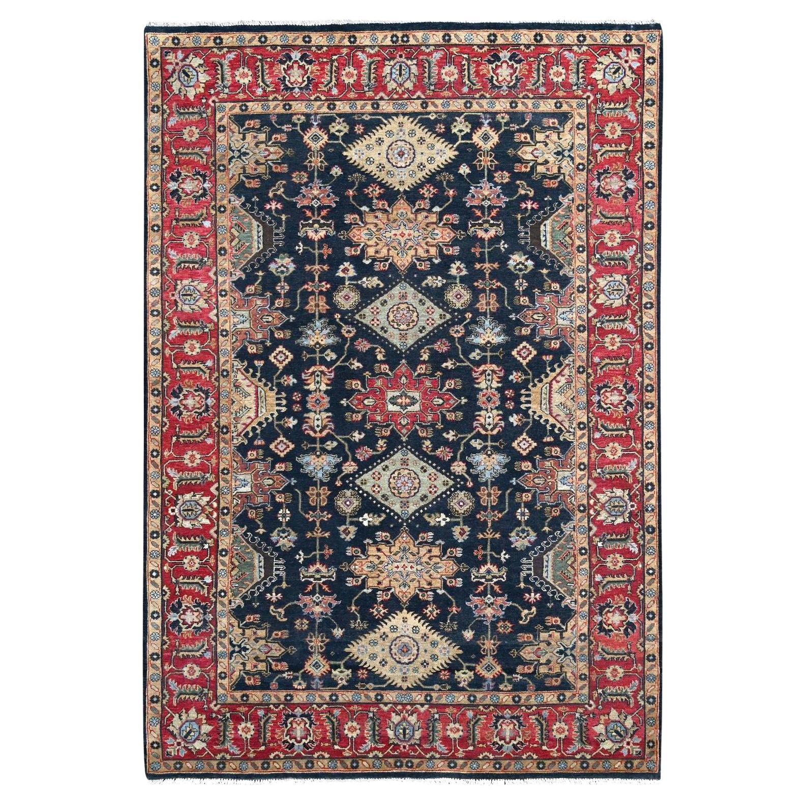 6'x9' Retro Black Hand Knotted Karjihooz Design Natural Wool Oriental Rug For Sale