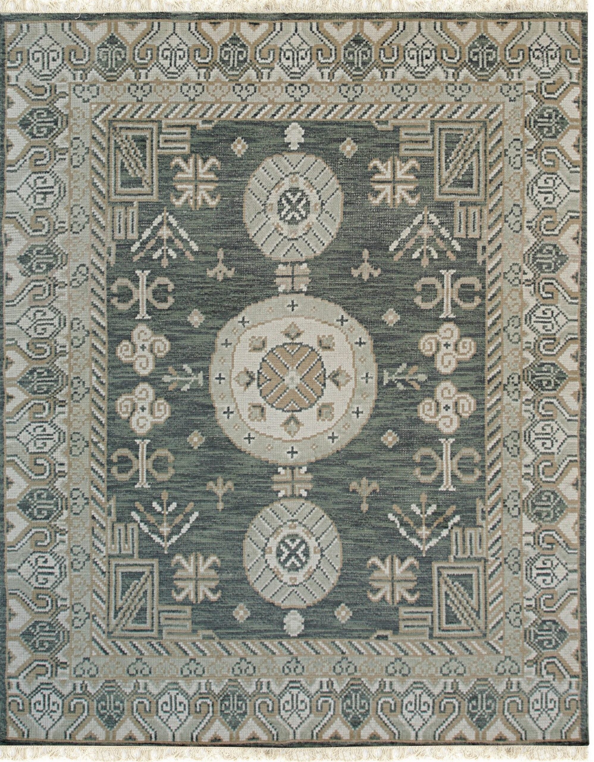 6x9 Rhea Traditional Green Geometric Medallion Modern Knotted Wool Carpet Rug For Sale