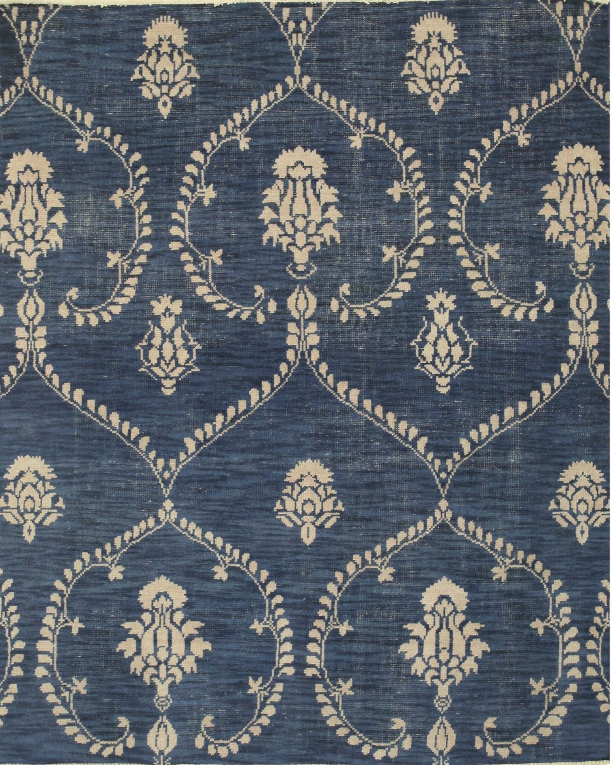 6x9 Small Luxurious Chloe Blue Floral Traditional Hand Knotted Wool Carpet Rug For Sale