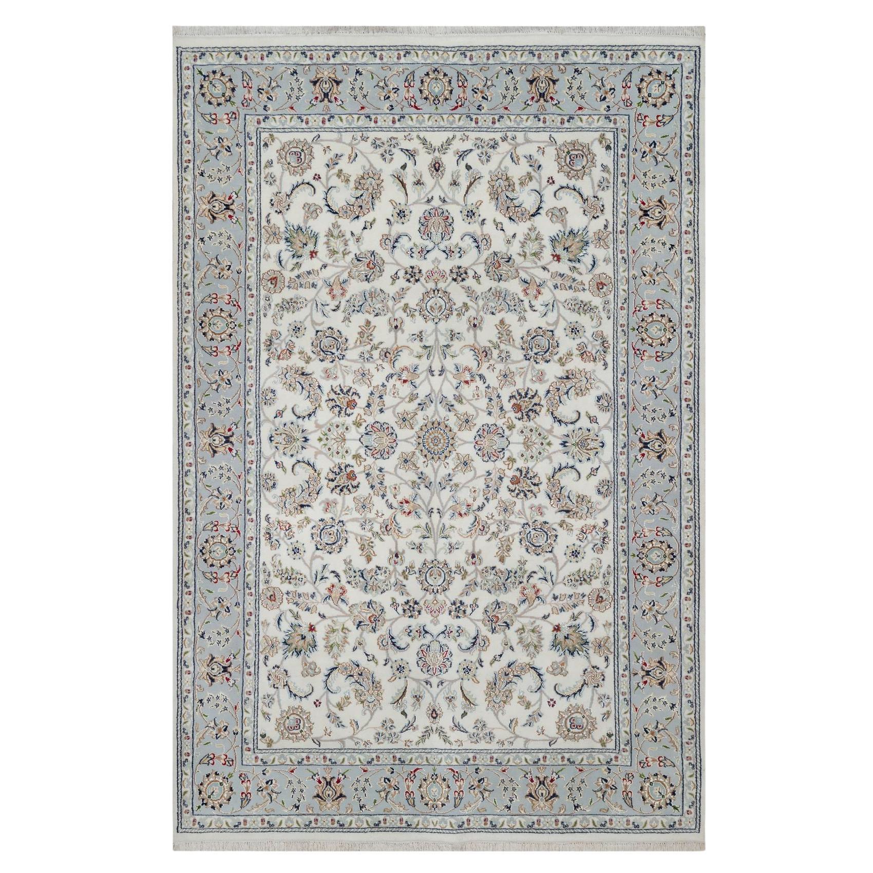 6'x9' White Nain with All Over Flower Design Wool and Silk Hand Knotted Rug