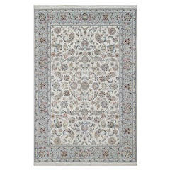 6'x9' White Nain with All Over Flower Design Wool and Silk Hand Knotted Rug