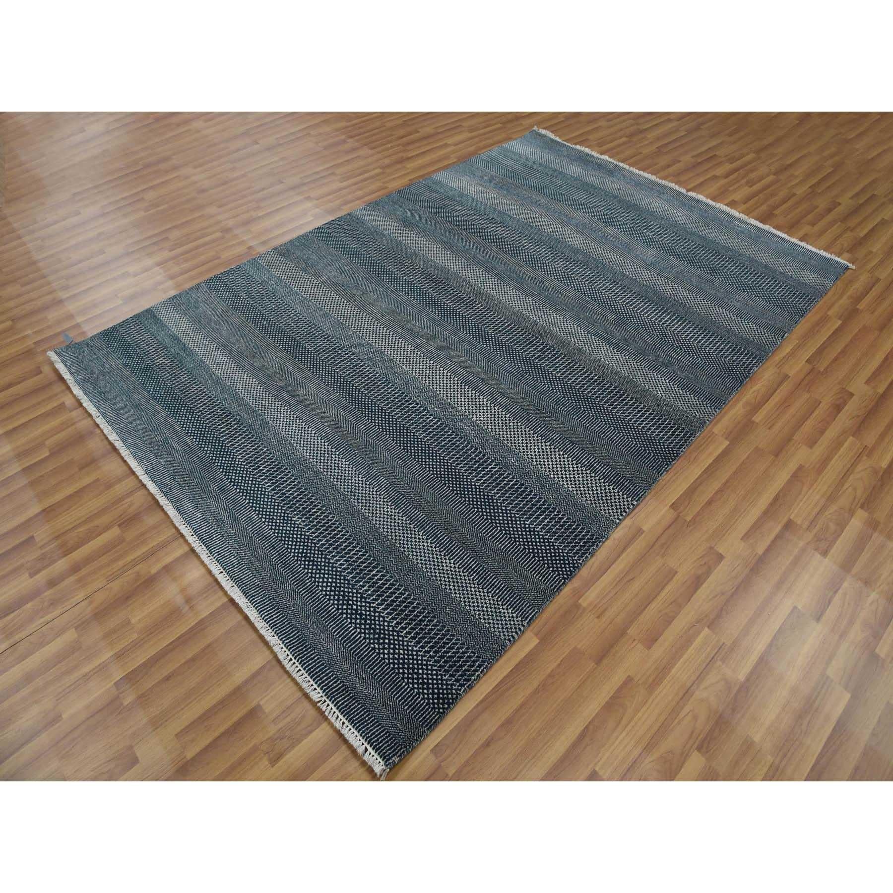 6'x9' Yankees Blau Wolle und Seide Hand geknüpft Gras Design Orientteppich (Moderne) im Angebot