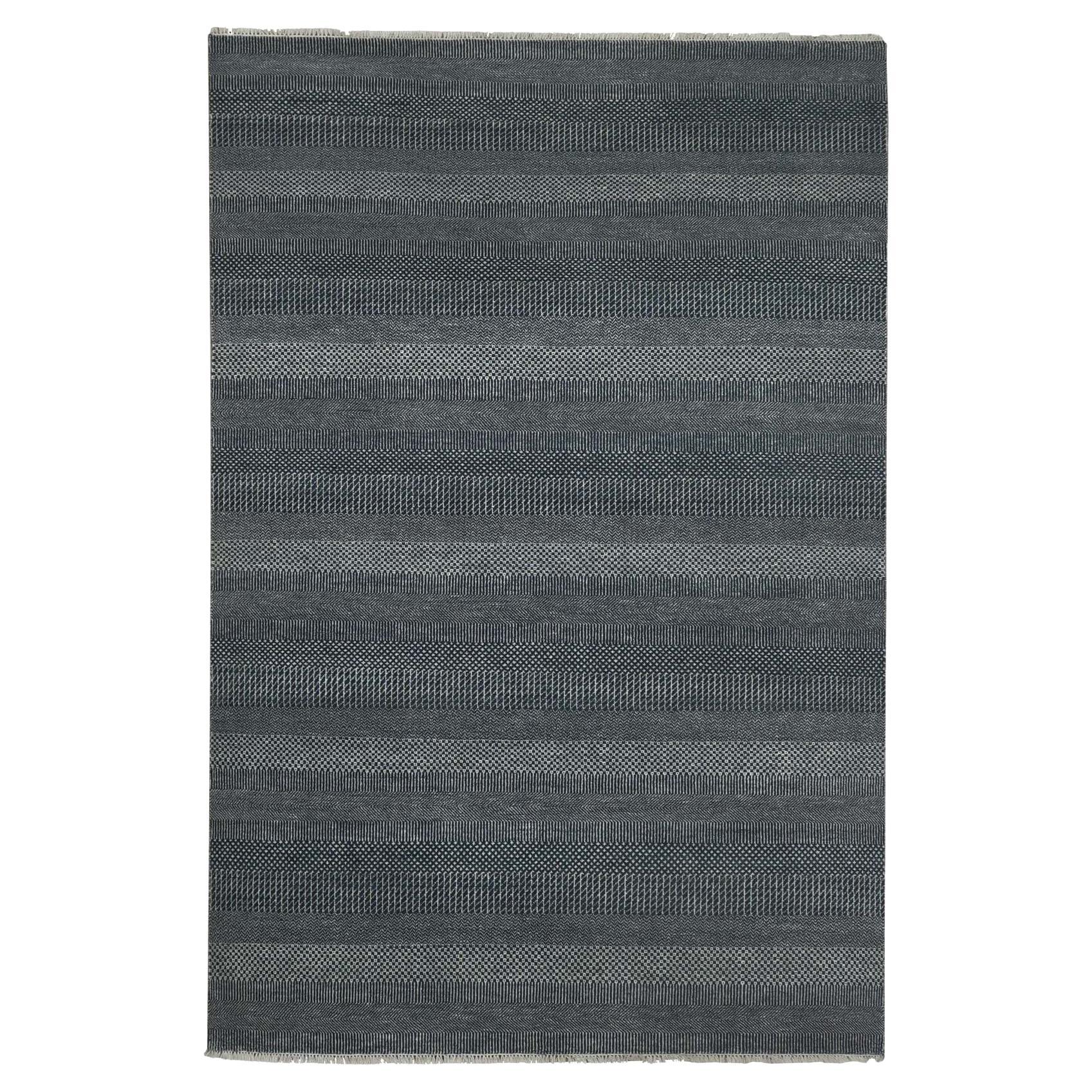 6'x9' Yankees Blue Wool and Silk Hand Knotsted Grass Design Tapis d'Orient