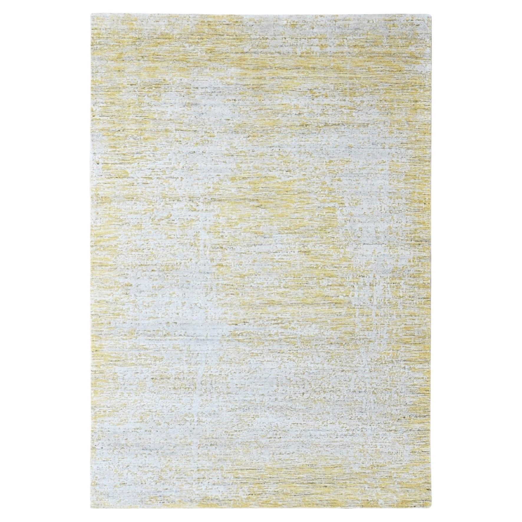 6'x9' Yellow Textured Pile Hand Loomed Wool and Silk Textured Oriental Rug
