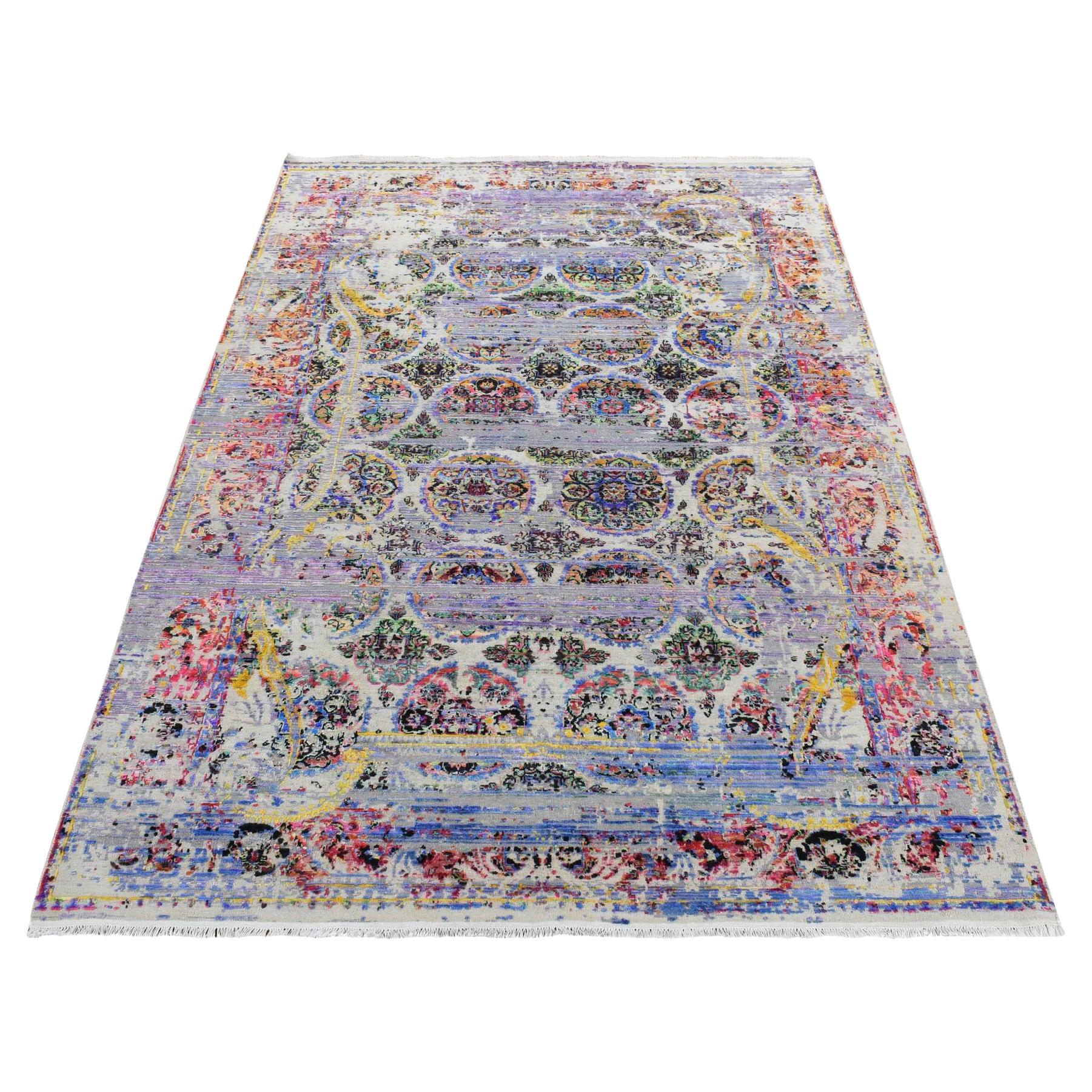 6'x9'1" Ash Gray Colorful ERASED ROSSETS Sari Silk with Wool Hand Knotted Rug