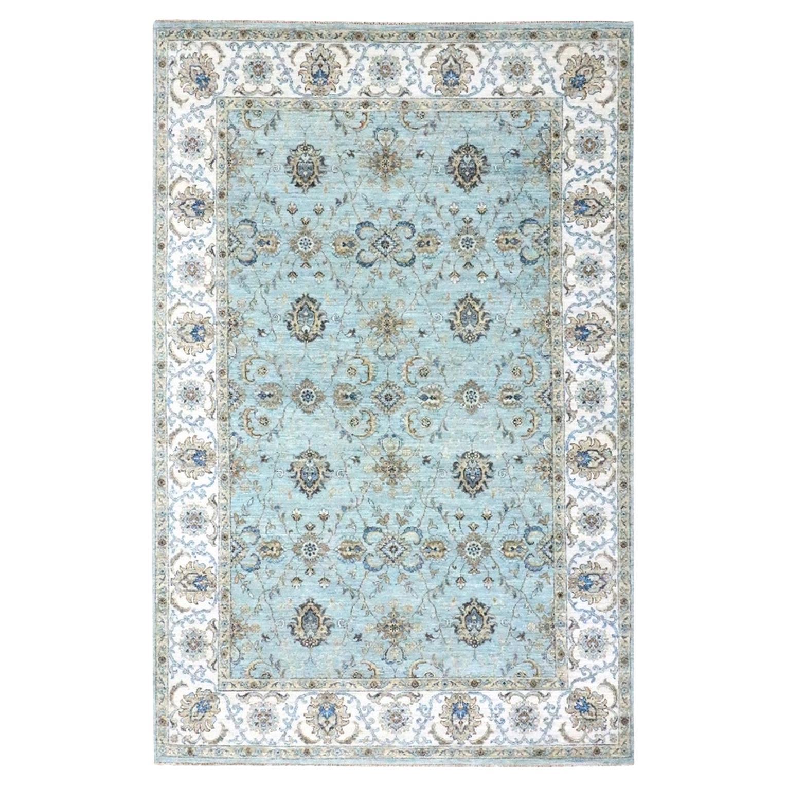 6'x9'1" Baby Blue Hand Knotsted Agra Shah Abbas Flower Design Pure Wool Rug (tapis de laine pure)