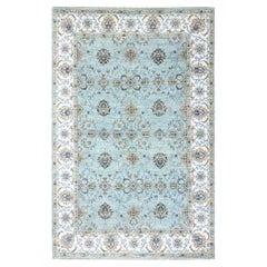 6'x9'1" Baby Blue Hand Knotted Agra Shah Abbas Flower Design Pure Wool Rug