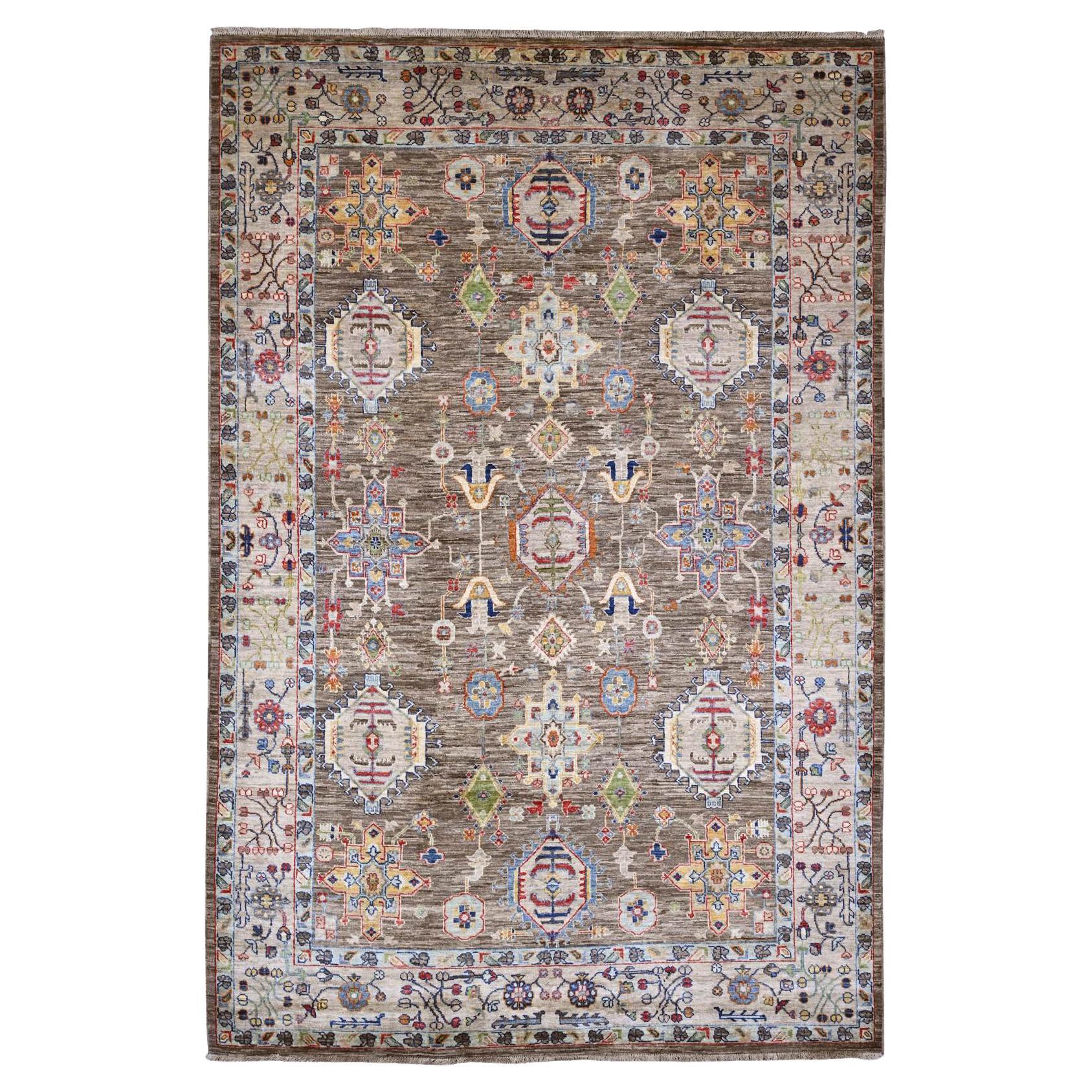 6'x9'1" Brown Afghan Peshawar with Karajeh Design Hand Knotted Pure Wool Rug