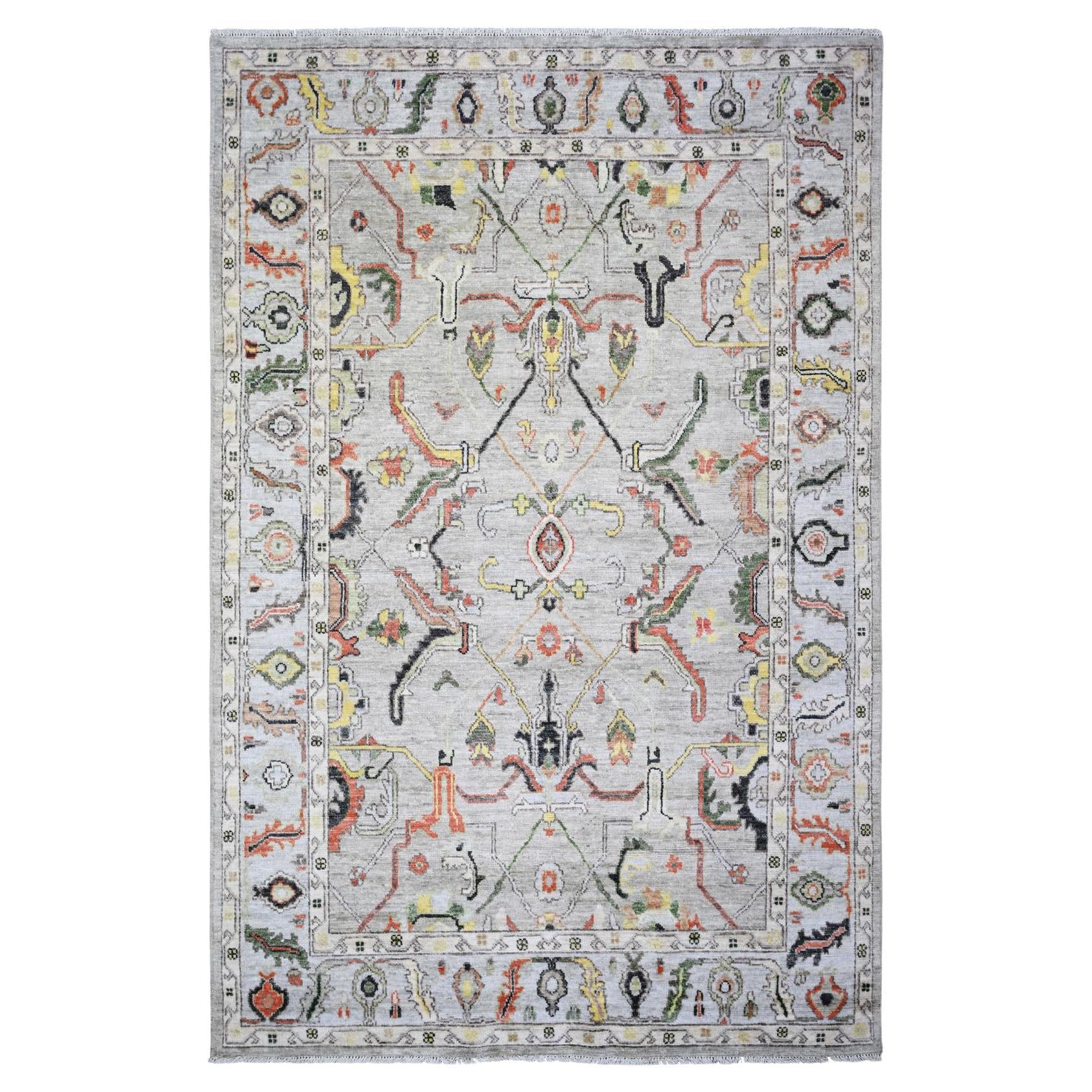 6'x9'1" Gris, Afghan Angora Oushak, Laine douce Tapis d'Orient noué à la main