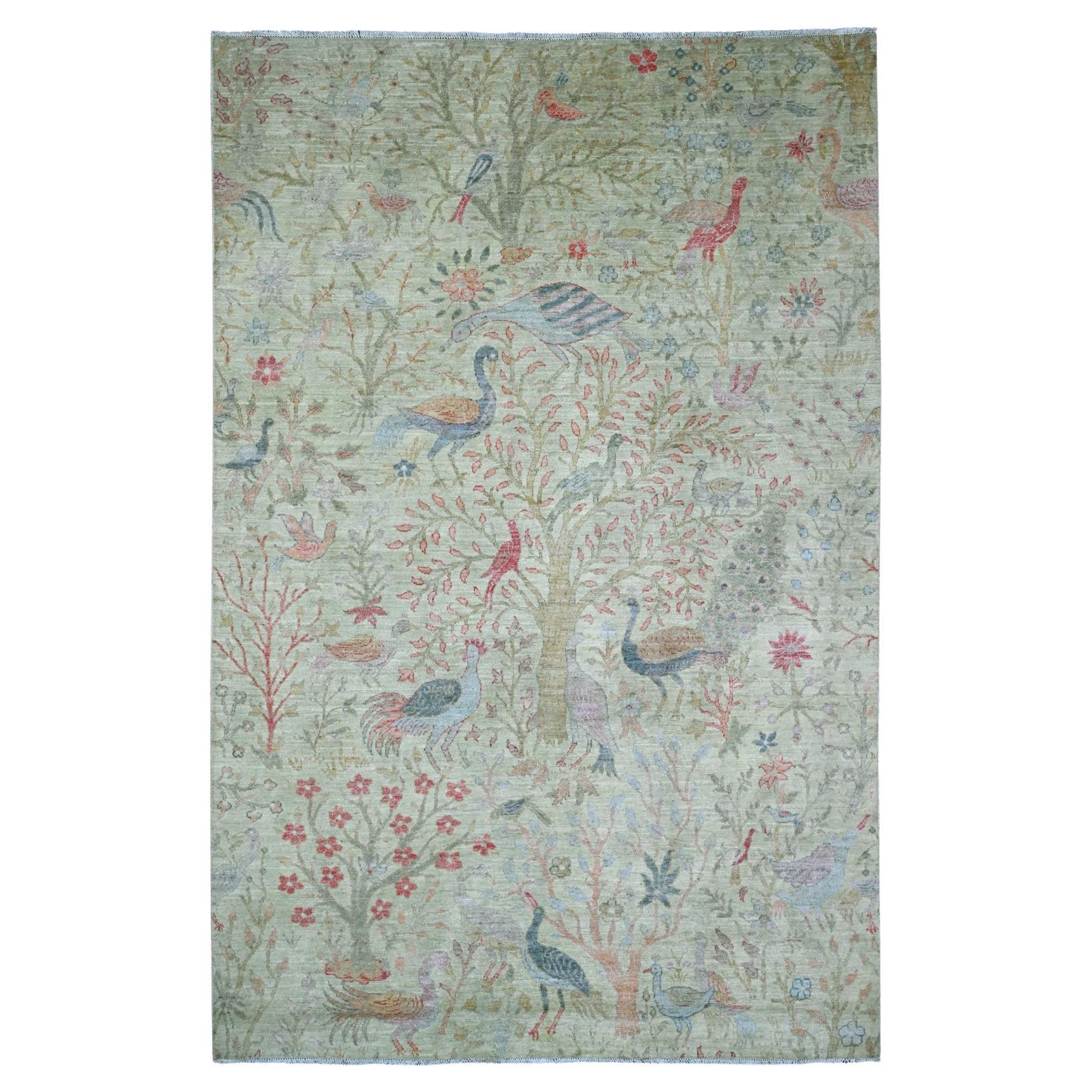 Alfombra de lana anudada a mano con diseño de aves del paraíso Peshawar afgana verde de 6'x9'1