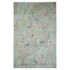 Alfombra de lana anudada a mano con diseño de aves del paraíso Peshawar afgana verde de 6'x9'1