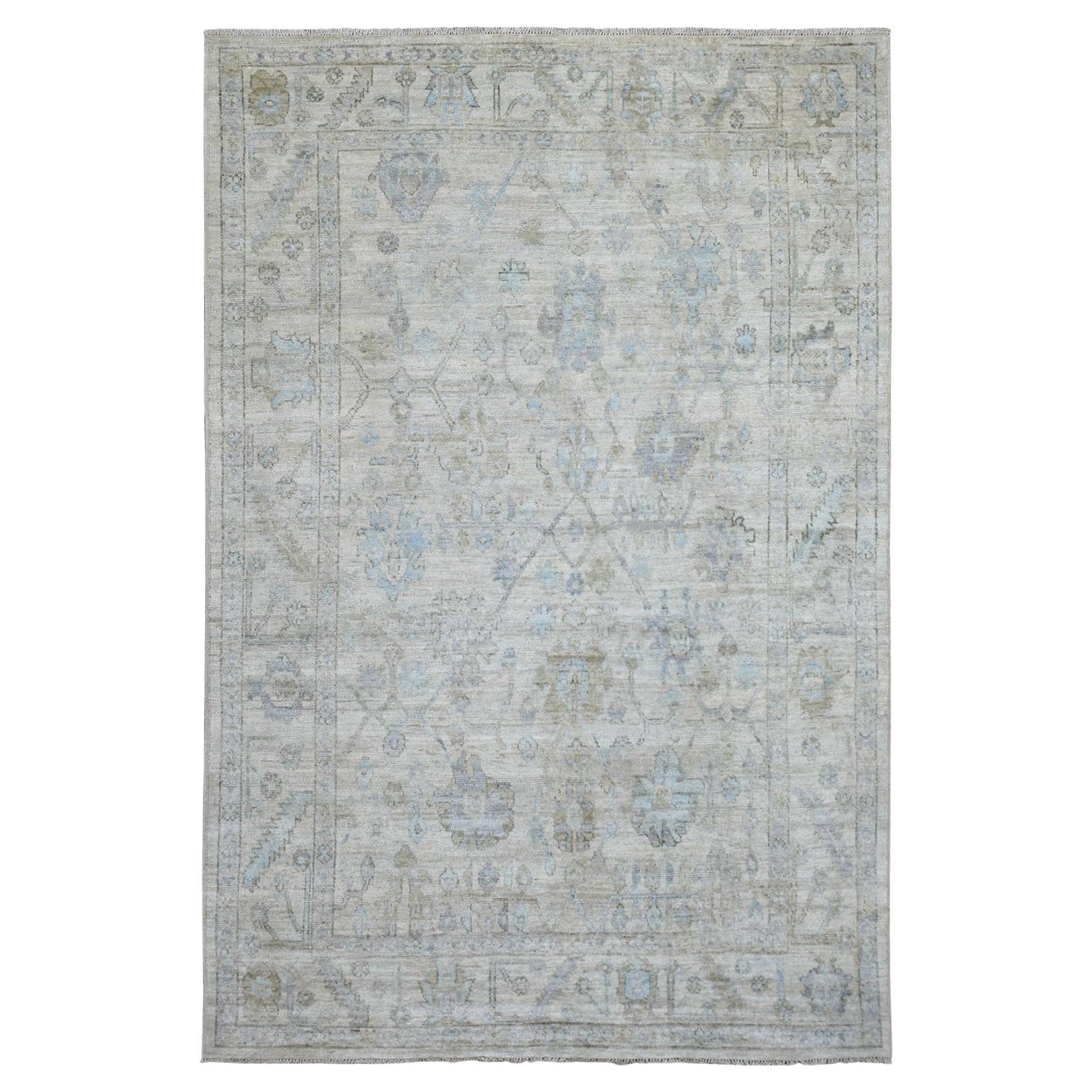 6'x9'1" Hand Knotted Beige Angora Oushak with Soft Colors Wool Oriental Rug