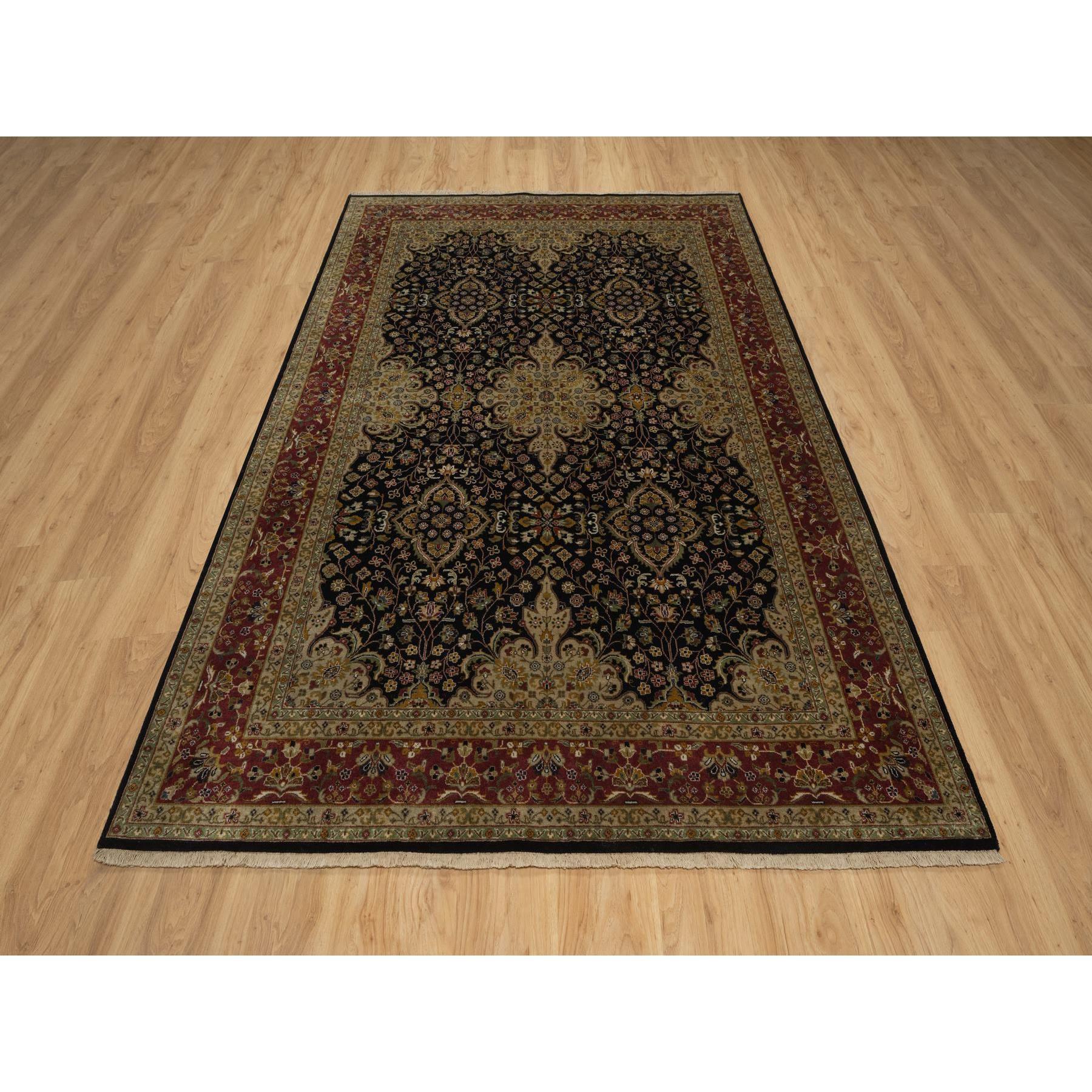 Caviar Black, Intricate Kashan Revival, Hand Spun New Zealand Wool, 300 KPSI, Hand Knotted, Oriental Rug
Primary materials: Wool
Latex: No Pile 
height: 0.25 Inches
Style: Traditional
Primary color: Black
Secondary colors: Brown, Green, Mustard,