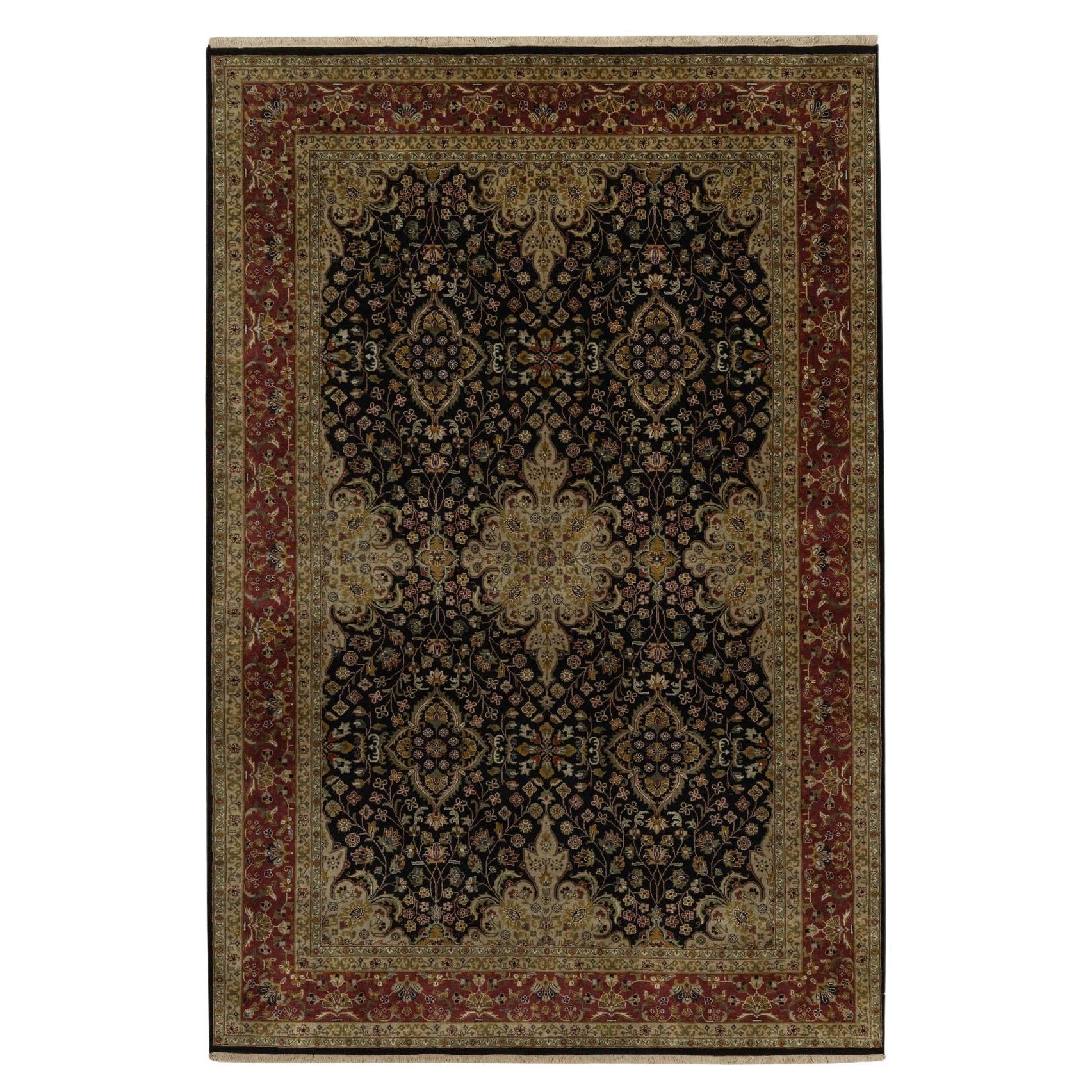 6'x9'1" Jat Black Intricate Kashan Revival New Zealand Wool Hand Knotted Rug For Sale