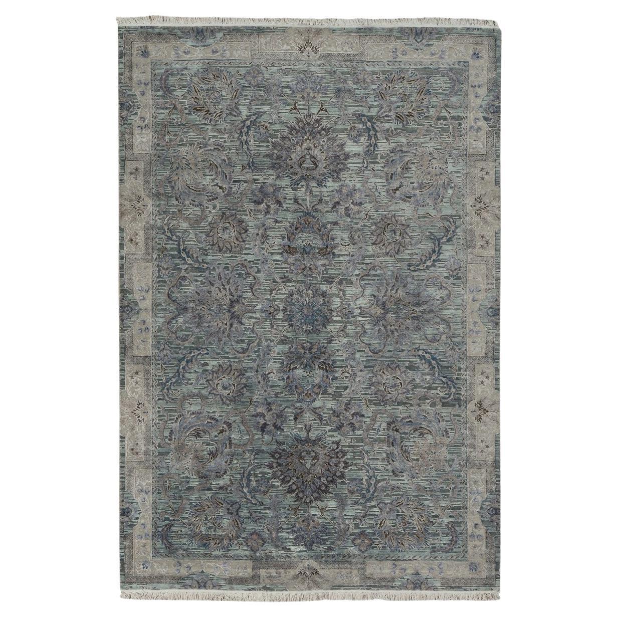 6'x9'1" Hellgrüner handgeknüpfter Teppich aus reiner Seide mit strukturiertem Mughal-Design aus Wolle