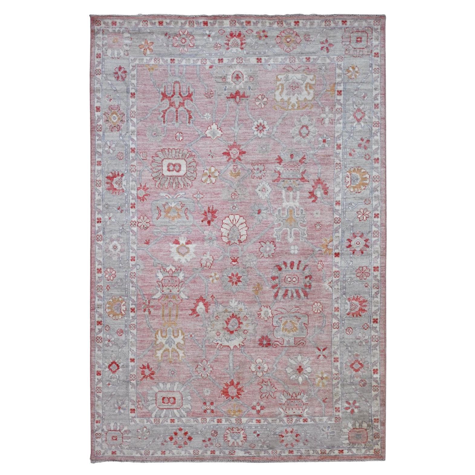 Tappeto orientale in lana annodata a mano 6'x9'1" rosa Afghan Angora Oushak Leaf Design/One in vendita