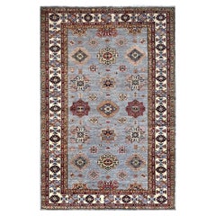 Alfombra Oriental Super Kazak Afgana Anudada a Mano de Lana Aterciopelada Gris Silencioso 6'x9'1