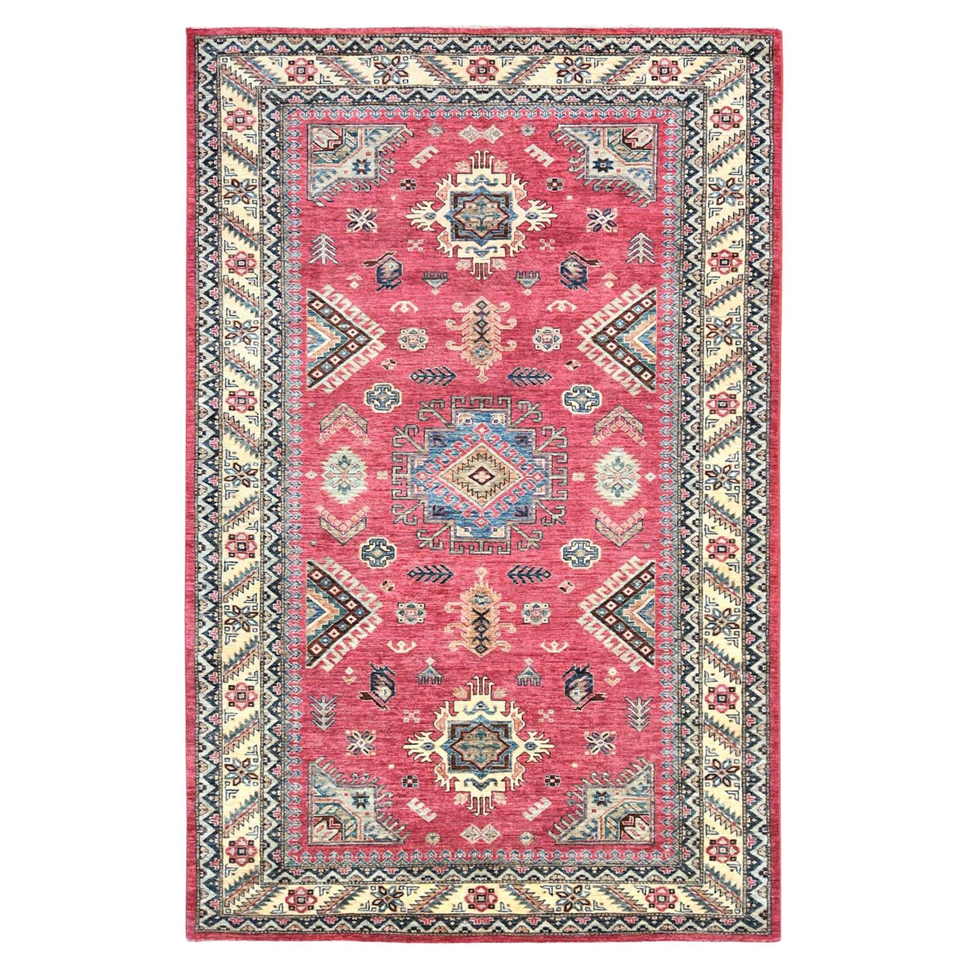 6'x9'1" Rouge Pink, Organic Wool Hand Knotted, Afghan Super Kazak Rug For Sale
