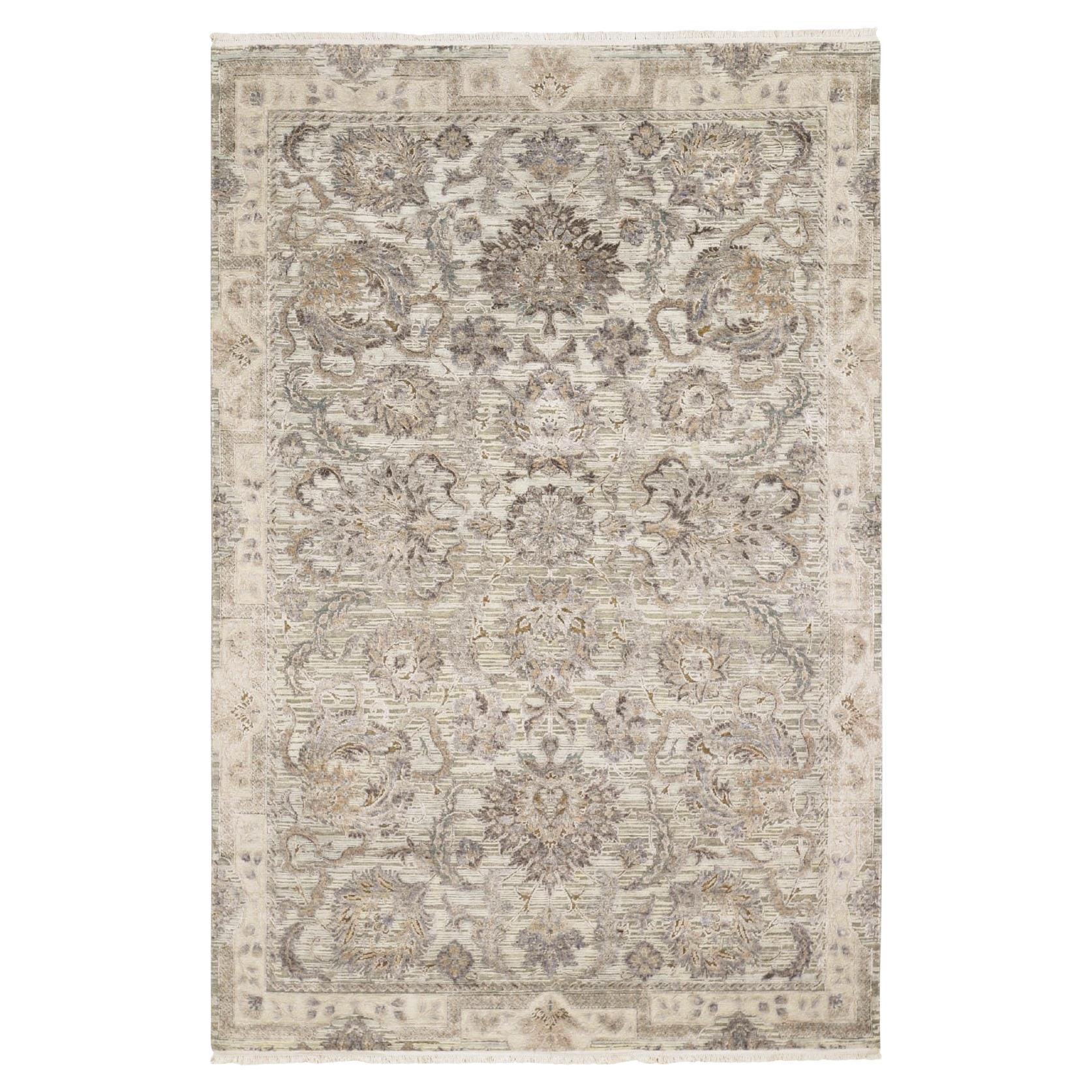 6'x9'1" Soie avec laine texturée Design Mughal Noué à la main Tapis d'Orient