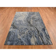 6'x9'2" Blue, Geological Design, Wool and Pure Silk, Hand Knotted Rug