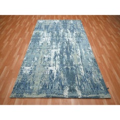 6'x9'2" Cerulean Blue Abstract Design Denser Weave Wool and Silk Oriental Rug