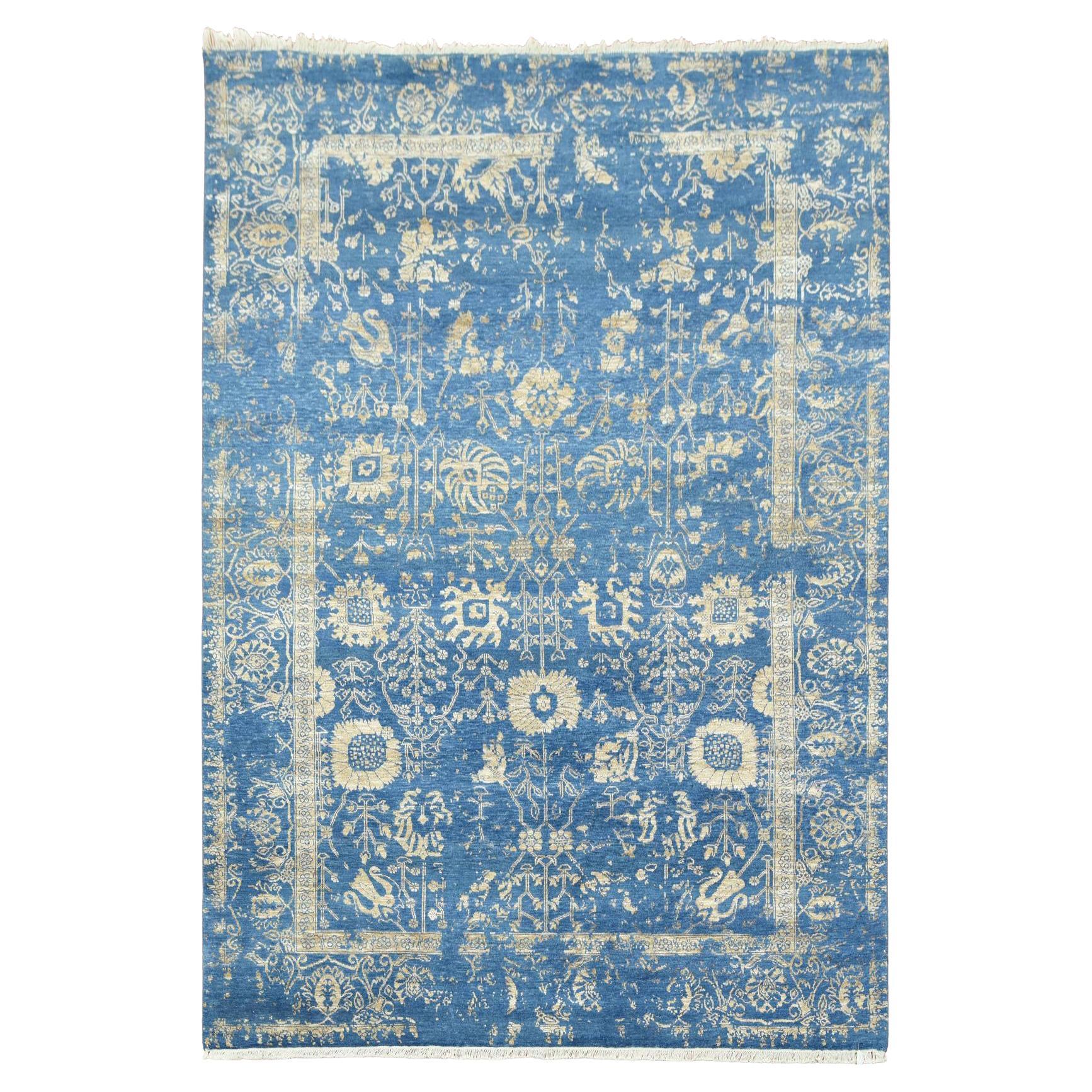 6'x9'2" Denim Blue, Tappeto Persiano Tabriz Design, Lana e Seta Annodato a Mano
