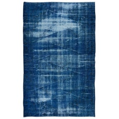 6x9.2 Ft Handknotted with Shabby Chic Blue Area Rug, Distressed Look Wool Carpet