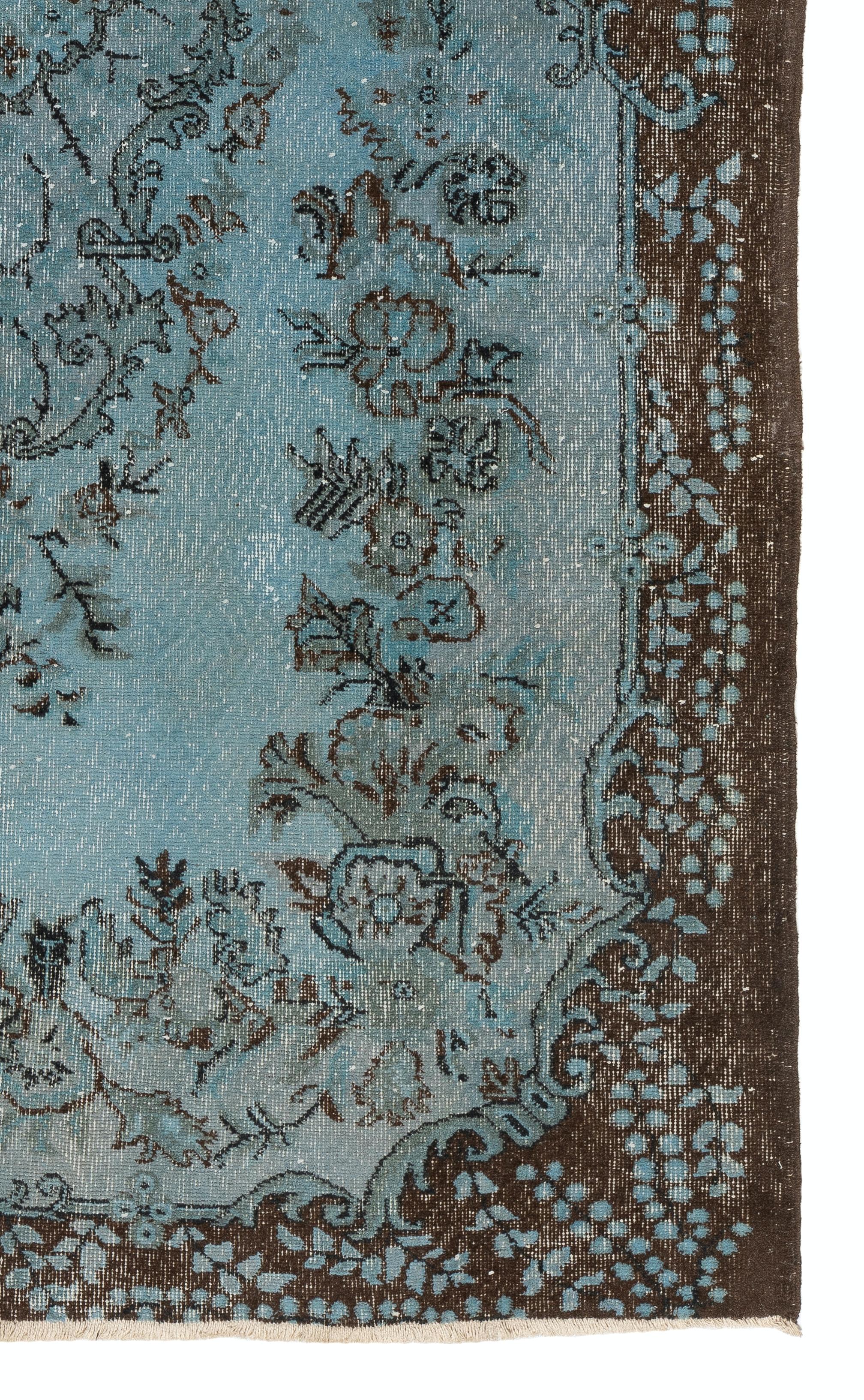 Modern 6x9.2 Ft Handmade Turkish Rug in Denim Blue, Contemporary Baroque Design Carpet For Sale