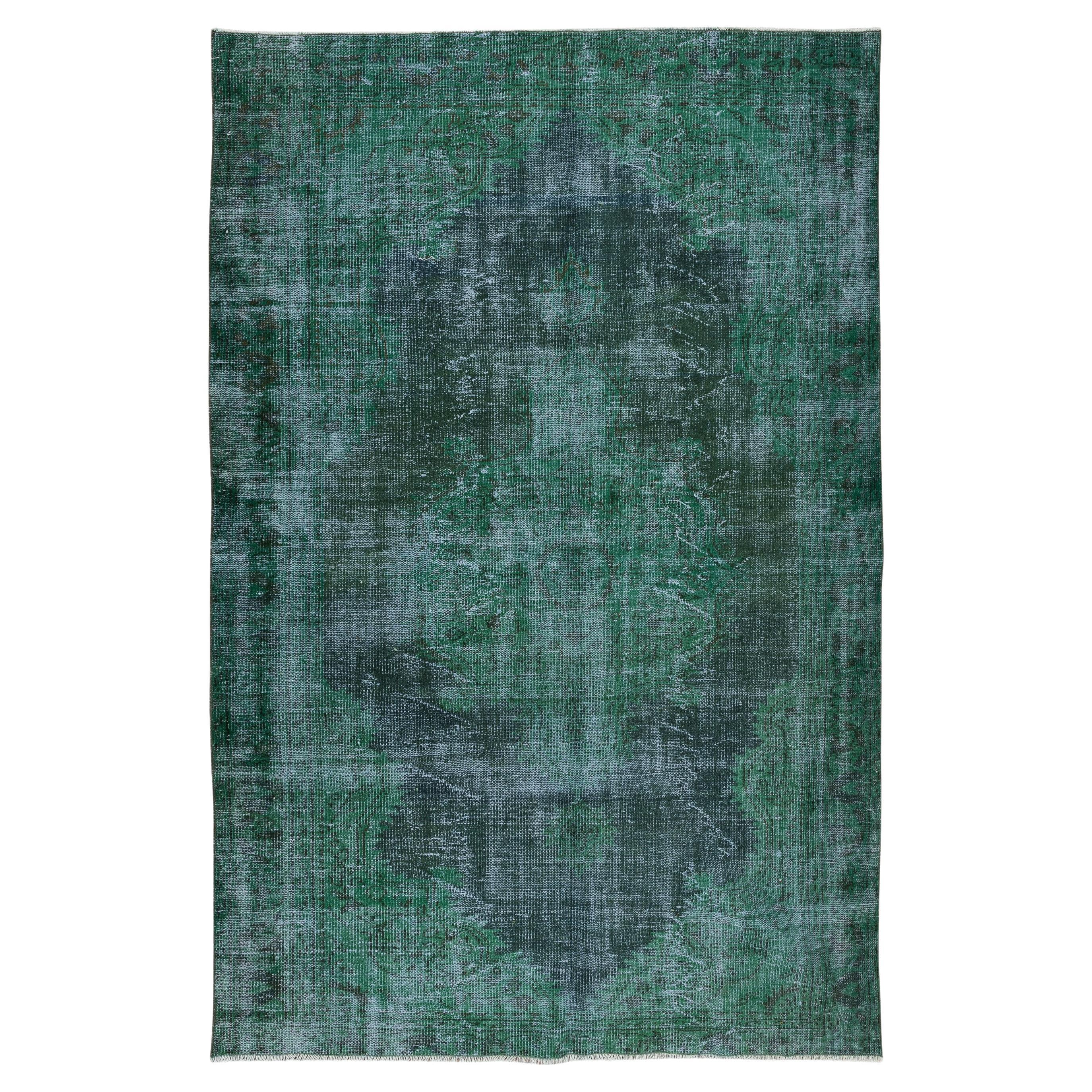 6x9.2 Ft Handmade Mid-Century Turkish Wool Area Rug Over-Dyed in Emerald Green For Sale
