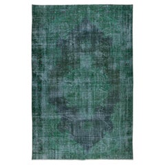 6x9.2 Ft Handmade Mid-Century Turkish Wool Area Rug Over-Dyed in Emerald Green