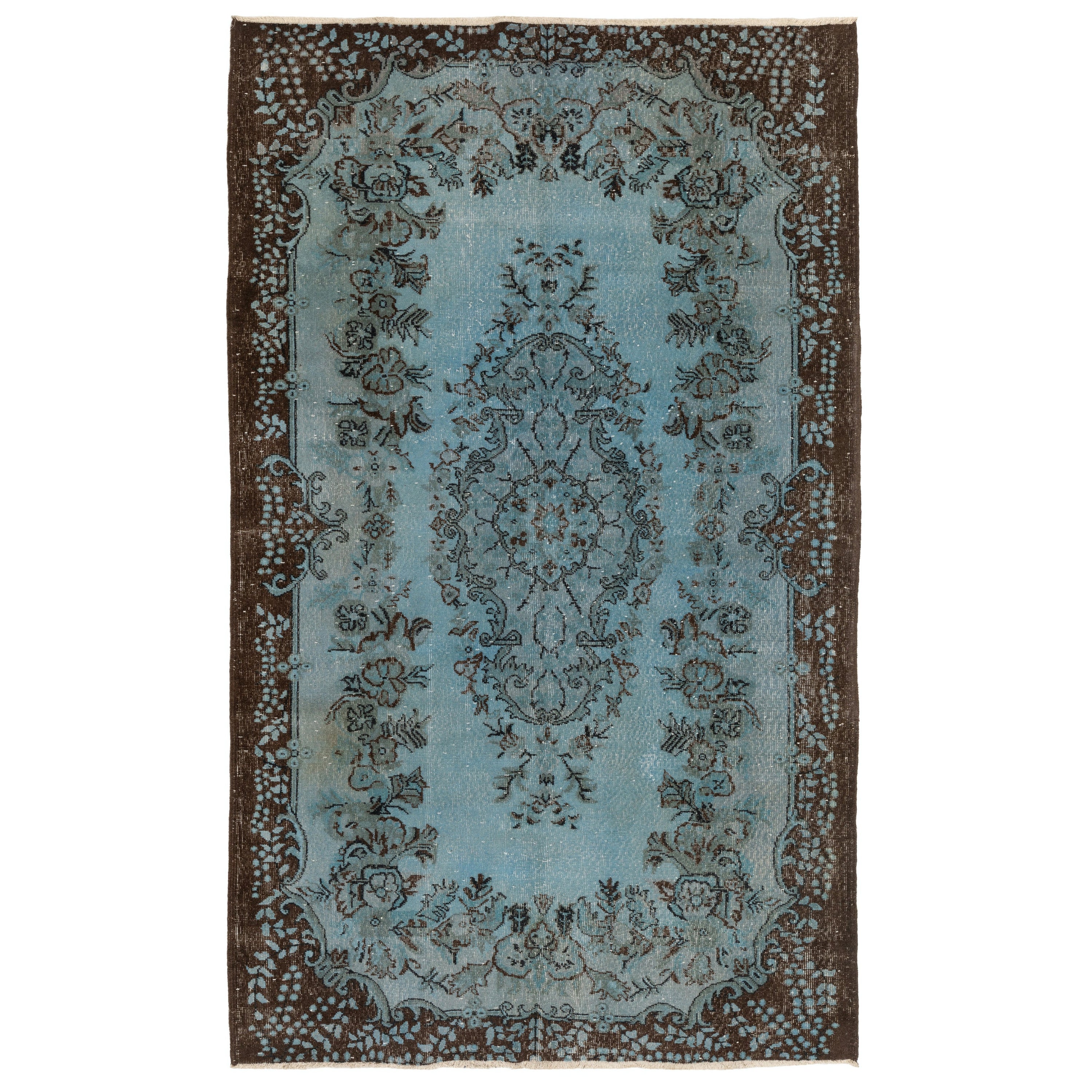 Tappeto turco fatto a mano 6x9.2 Ft in blu denim, Tappeto dal design barocco contemporaneo in vendita
