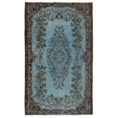 Tappeto turco fatto a mano 6x9.2 Ft in blu denim, Tappeto dal design barocco contemporaneo