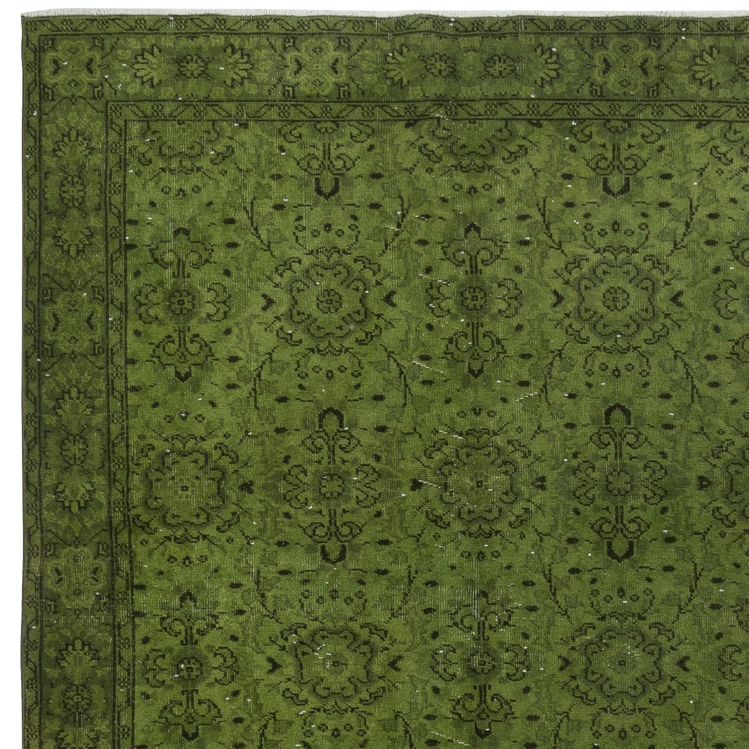Hand-Knotted 6x9.2 Ft Handmade Turkish Wool Area Rug with Floral Design and Green Background For Sale