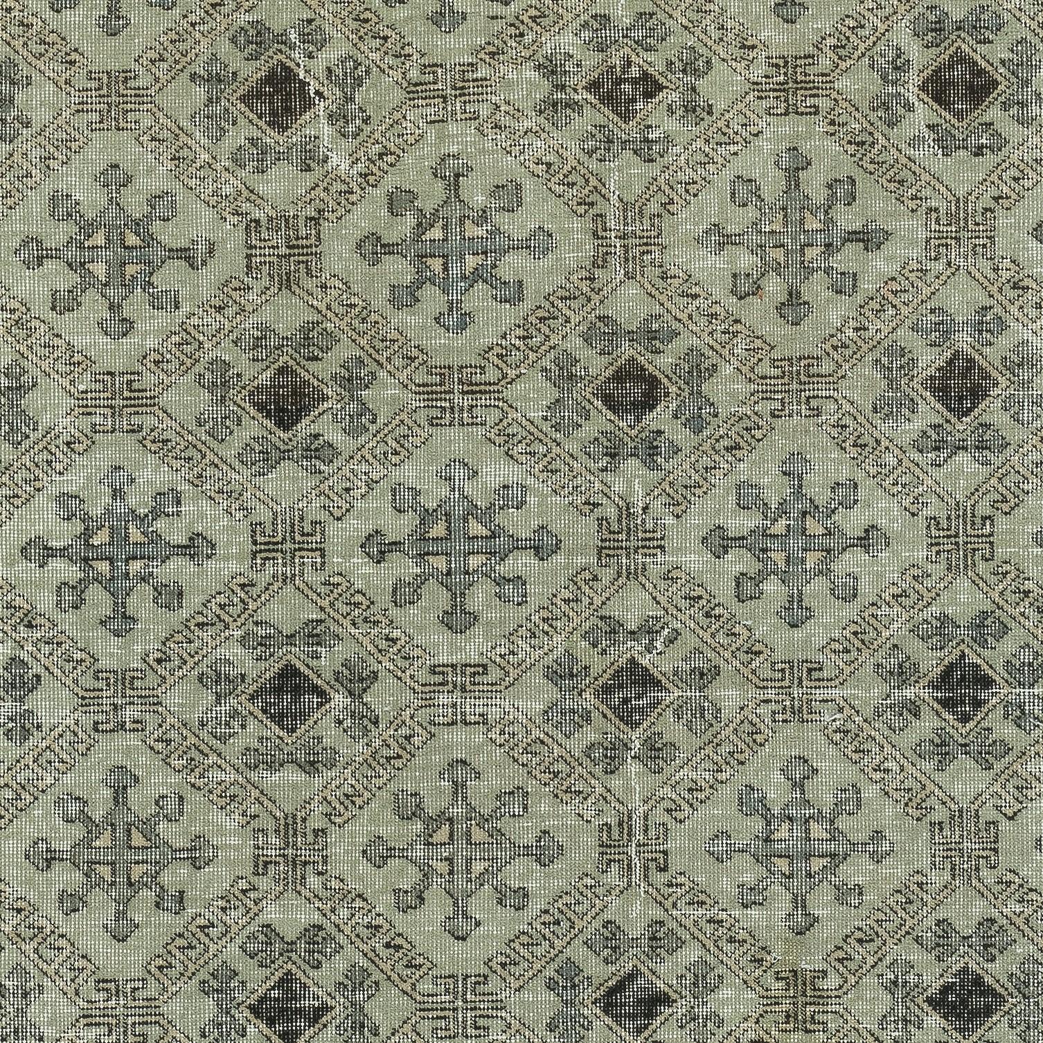 6x9.2 Ft Handgefertigter türkischer Wollteppich mit Blumenmuster und grünem Hintergrund (Handgeknüpft) im Angebot