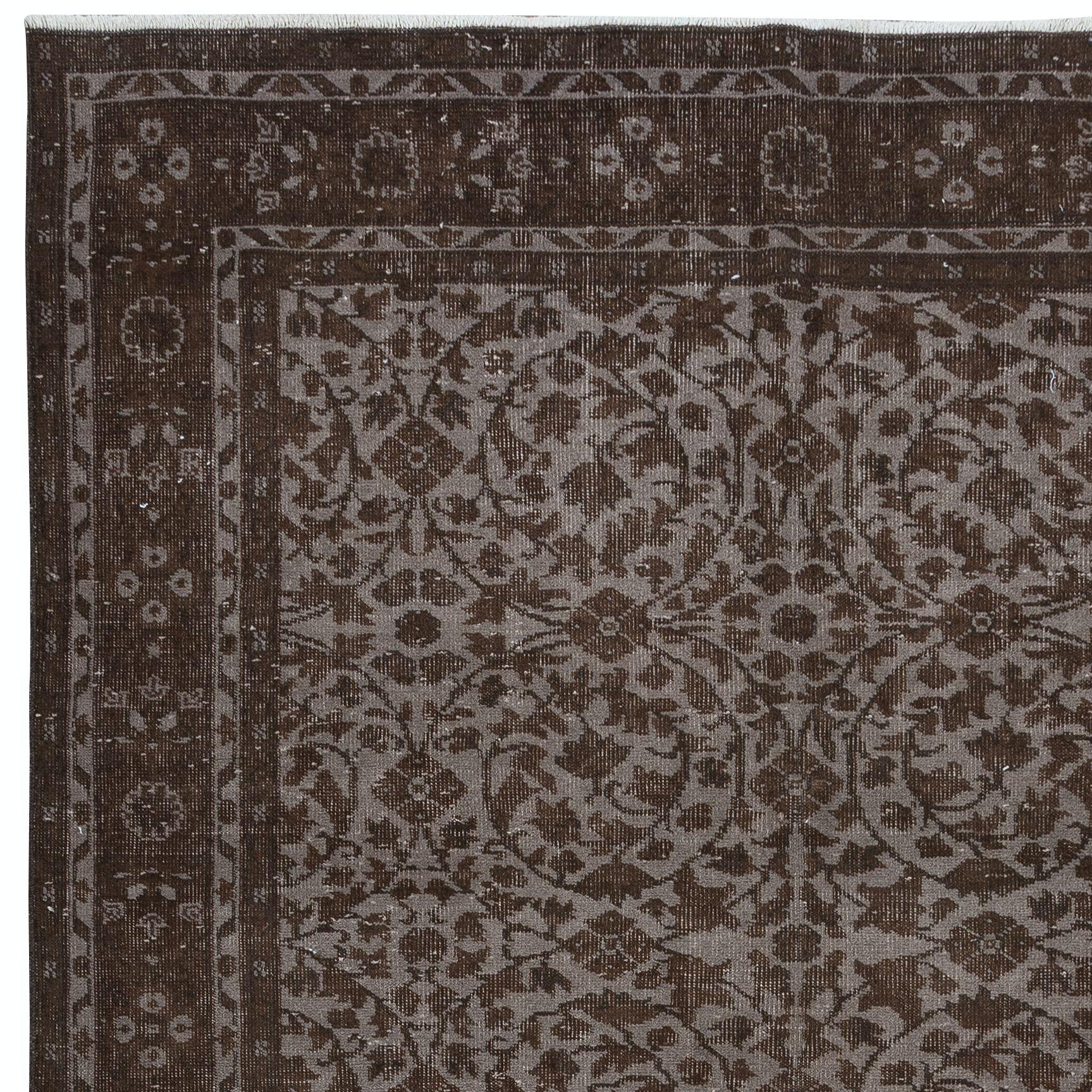 Hand-Woven 6x9.2 Ft Modern Brown Handmade Turkish Rug with All-Over Botanical Design For Sale