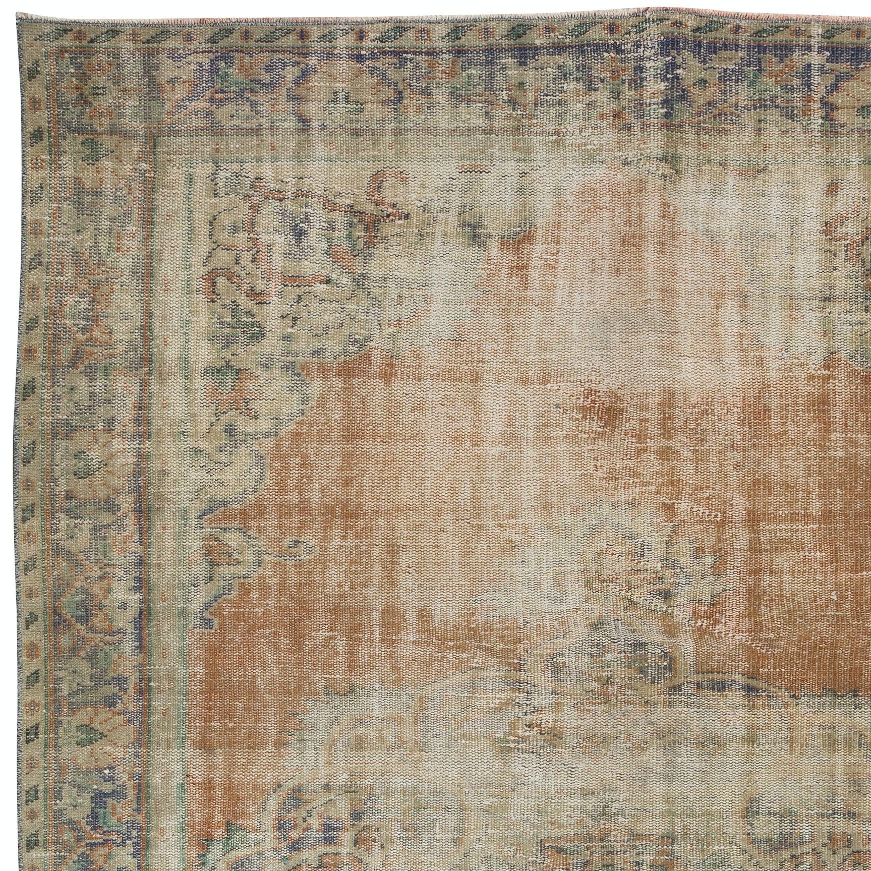 Hand-Knotted 6x9.2 Ft Sun Faded Handmade Anatolian Oushak Rug, 1950s Shabby Chic Wool Carpet For Sale