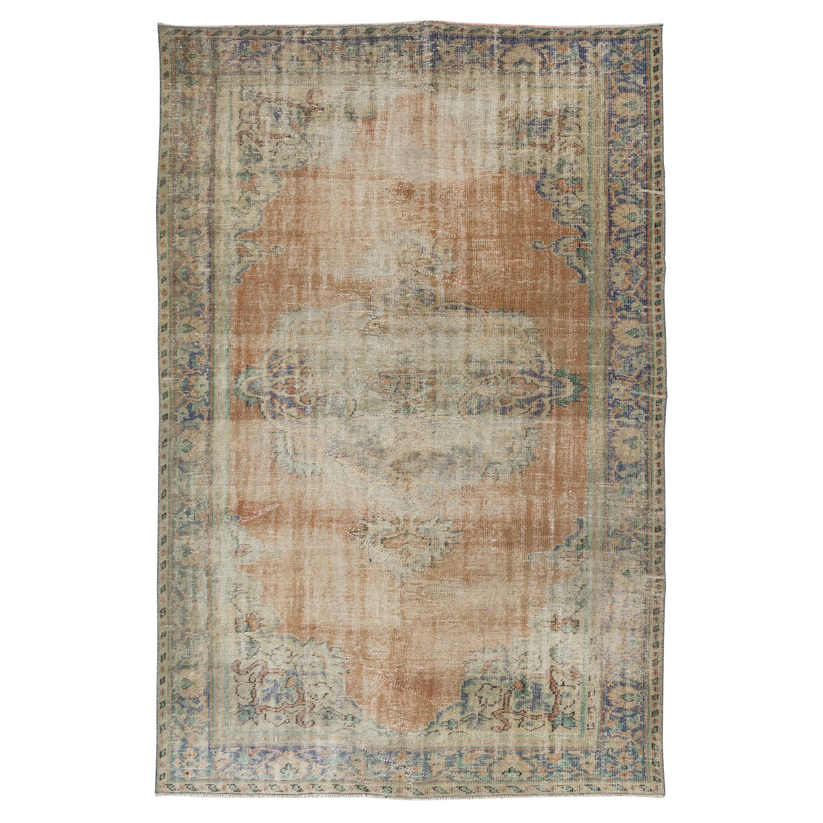 Tappeto Anatolian Oushak fatto a mano, sbiadito dal sole, anni '50, Tappeto di lana Shabby Chic